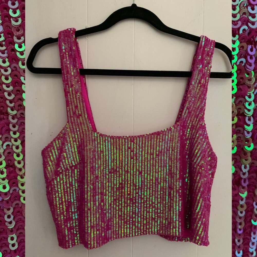 Show Me Your Mumu crop top/bra top. Hot pink and sequins. Size M. Like new.
